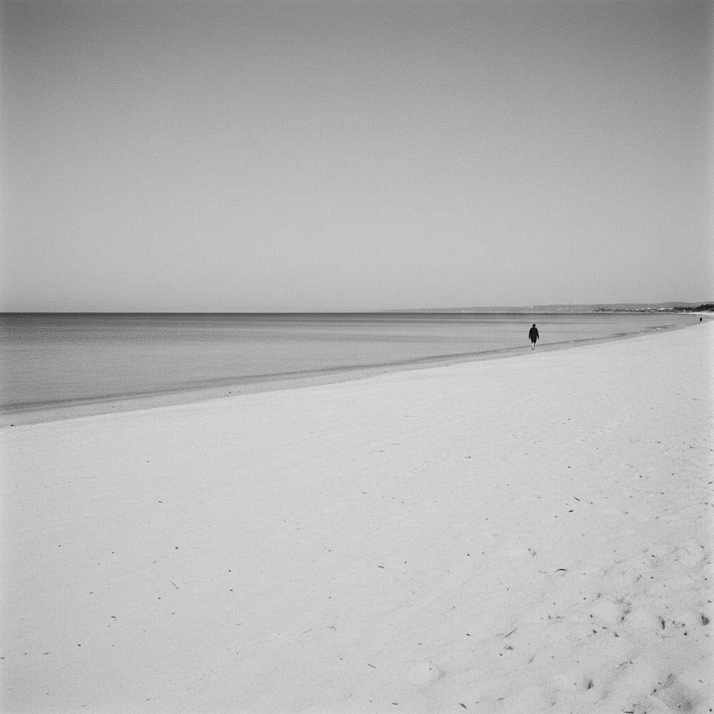 Black and white photograph of a wide empty Mallorca beach with a single lone person walking in the distance, soft sand, calm sea, minimalist quiet mood, fine art monochrome.