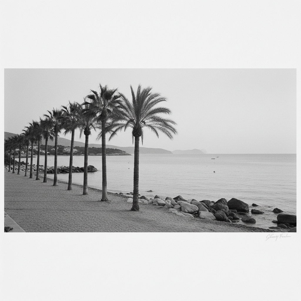 Black and white photograph of palm trees by the Mediterranean sea on Mallorca, gentle light, tranquil coastline, elegant fine art monochrome.